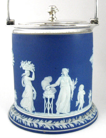 Wedgwood Dark Blue Jasperware Dip Biscuit Jar Flange Base Classical 1870s - Antiques And Teacups - 1