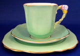 Teacup Trio Royal Standard Art Deco Flower Handle Green 1930s Cup And Saucer With Plate - Antiques And Teacups - 2