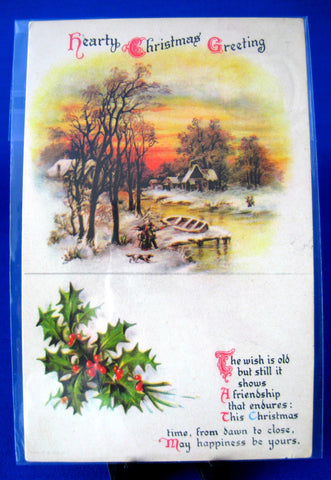 Antique Postcard Christmas Greeting 1922 Snow Scene Holly Poem Vintage Paper Ephemera