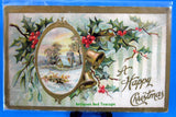 A Happy Christmas Postcard Embossed Unused Holly Snow 1905 Snow Scene Holly Poem - Antiques And Teacups - 1