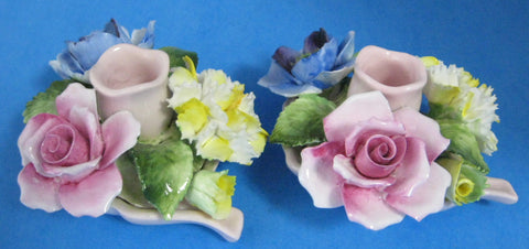 Candle Holder Pair Radnor Staffordshire Flower Posy 1940s Hand Made Bone China Flowers - Antiques And Teacups - 1