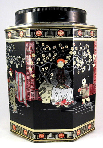 English Tea Tin Caddy Oriental Design Biscuit Tin 1930s Oriental Design - Antiques And Teacups - 1
