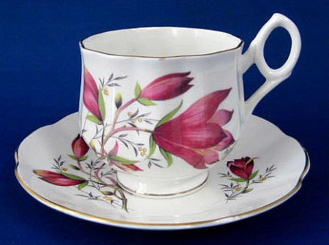 Rosina Cup and Saucer Burgundy Crocus Flowers Bone China 1960s - Antiques And Teacups - 1