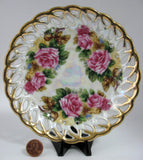 Saucer Only Gorgeous Lush Roses Luster Sealy Japan 1960s Reticulated Brushed Gold Trim - Antiques And Teacups - 2