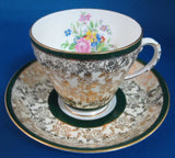Gold Floral Chintz Cup And Saucer Vintage Royal Grafton Green 1940s Forest Green Bands - Antiques And Teacups - 1