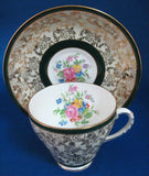 Gold Floral Chintz Cup And Saucer Vintage Royal Grafton Green 1940s Forest Green Bands - Antiques And Teacups - 2