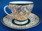 Gold Floral Chintz Cup And Saucer Vintage Royal Grafton Green 1940s Forest Green Bands - Antiques And Teacups - 3