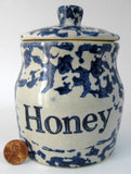 Honey Jar Stoneware Blue Sponged Crock Blue Letters Pottery Honey Jar - Antiques And Teacups - 1