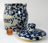 Honey Jar Stoneware Blue Sponged Crock Blue Letters Pottery Honey Jar - Antiques And Teacups - 2