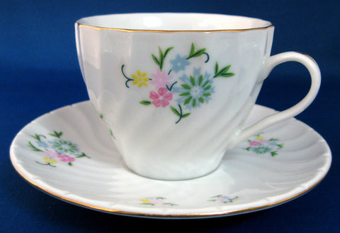 Cup And Saucer Molded Swirl Floral Bouquet Gold Trim Mid Century 1960s