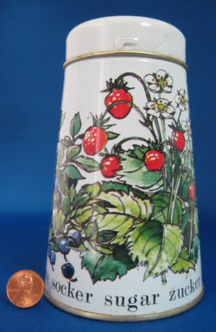 Tin Sugar Shaker Muffineer Strawberries Blueberries Retro 1960s England Enamelware - Antiques And Teacups - 1