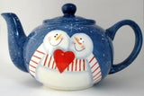Teapot Snowman In Love On Folk Art Snowflakes Large Folk Art Style 1980s Christmas - Antiques And Teacups - 1