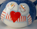 Teapot Snowman In Love On Folk Art Snowflakes Large Folk Art Style 1980s Christmas - Antiques And Teacups - 3