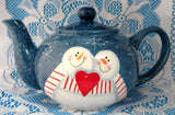 Teapot Snowman In Love On Folk Art Snowflakes Large Folk Art Style 1980s Christmas - Antiques And Teacups - 4