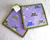 Purple Teacups Green Trim Potholders Padded Pair of Hand Made Support Animal Charity