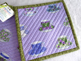 Purple Teacups Green Trim Potholders Padded Pair of Hand Made Support Animal Charity
