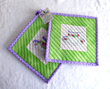 Purple Green Teacup Themed Potholders Pair Padded Hand Made Support Animal Charity