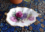 Leaf Shape Tea Bag Caddy Pink Roses Violets England Bone China Royal Patrician - Antiques And Teacups - 1