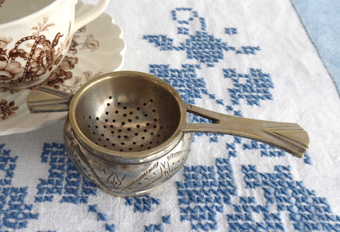 Vintage Tea Strainer Over The Cup Strainer With Drip Cup 1920s Art Deco 2 Piece - Antiques And Teacups - 1