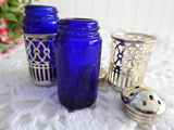 Salt And Pepper Shakers Set Cobalt Blue Glass Liners Silverplate 1980s
