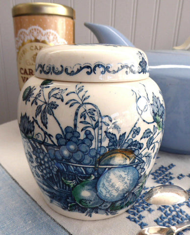 Tea Caddy Masons Fruit Basket Polychrome Blue Transferware Ginger Jar 1940s Tea Canister - Antiques And Teacups - 1